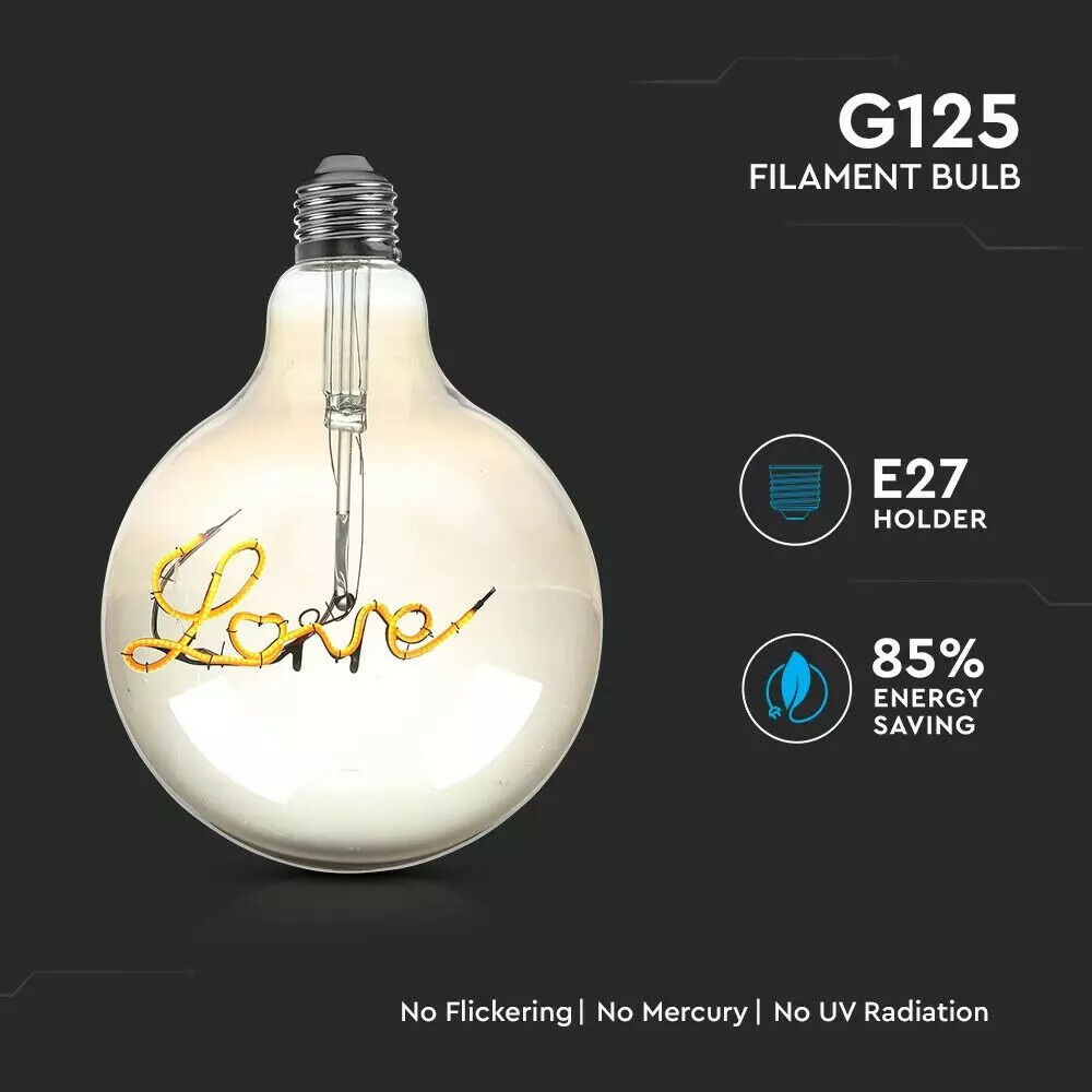 Dekoratives Vintage LED Leuchtmittel/Glühbirne "LOVE" Silber E27 Filament, G 125 , 5 Watt, Glas, 2200 k EEK: G